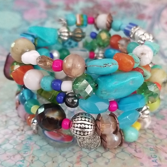 NWT Hand Crafted Semi Precious  Stone Glass Vintage Bead Wrap Bracelet - Picture 5 of 16